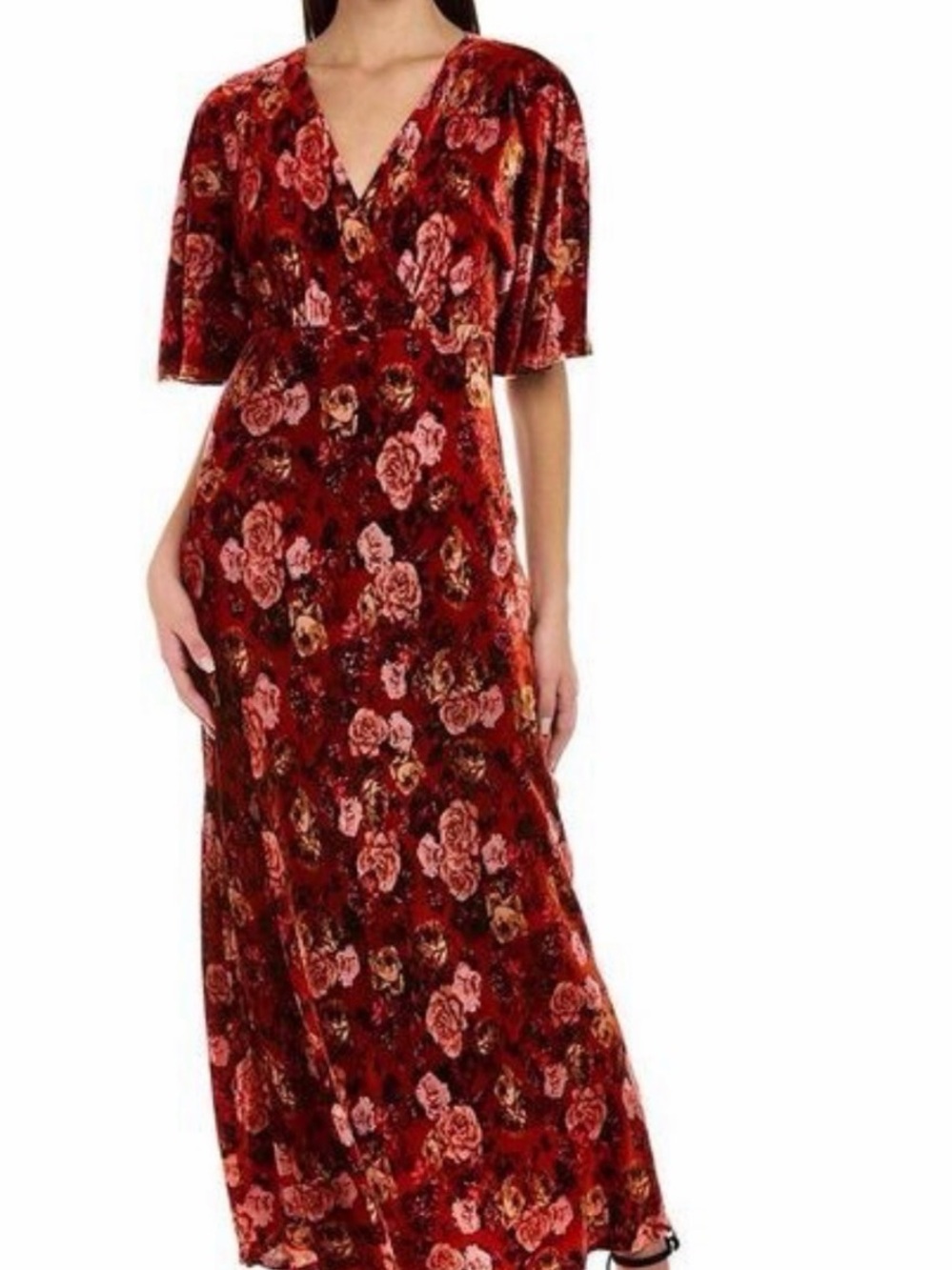 Johnny Was nwt Red Floral Velvet V-Neck Maxi Dress S